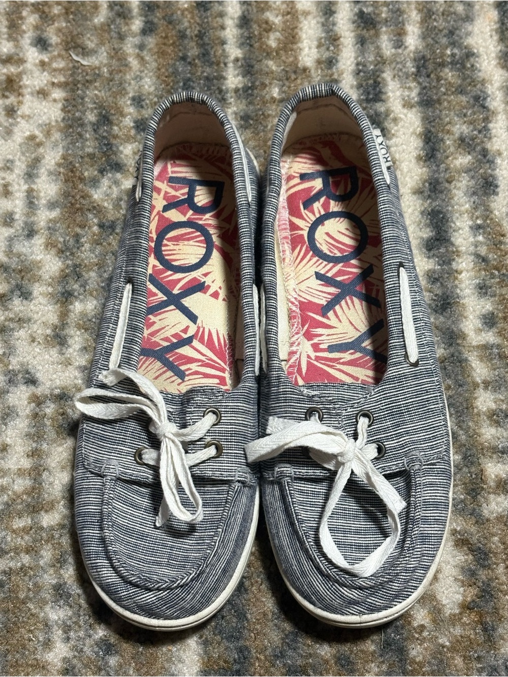 Roxy Women's Striped Canvas Slip-On Boat Shoes in Navy and White